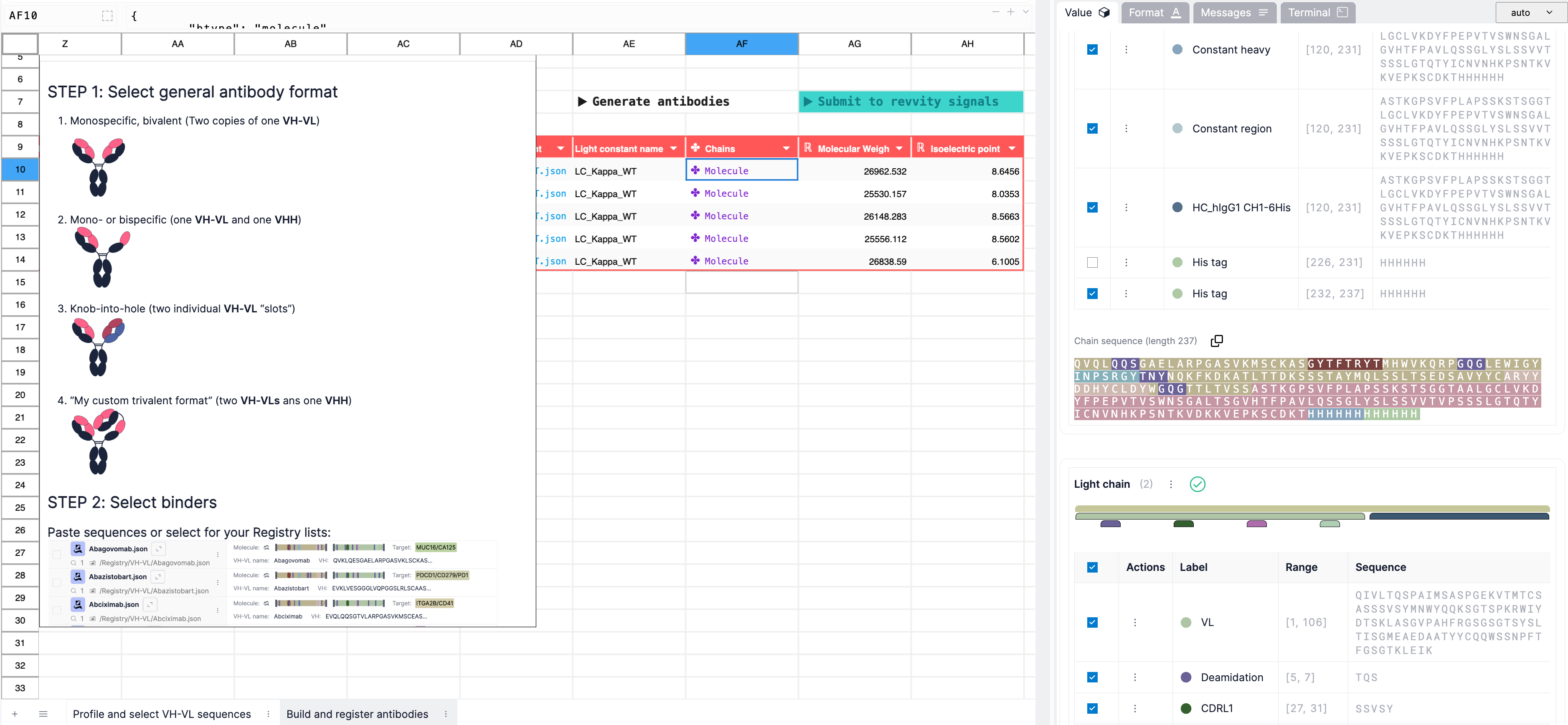 Bionamic workbook for designing and building antibody molecules